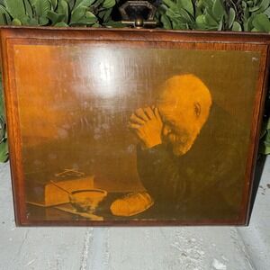 Grace Old Man Praying Bible Bread Wood Wall Art Plaque Vintage Christian Decor